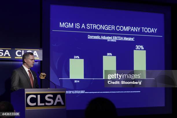 James "Jim" Murren, chairman and chief executive officer of MGM Resorts International, speaks during a keynote presentation session at the 14th CLSA...