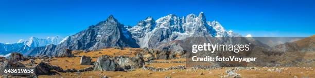 snow capped mountain peaks towering over himalaya yak pasture nepal - gokyo valley stock pictures, royalty-free photos & images