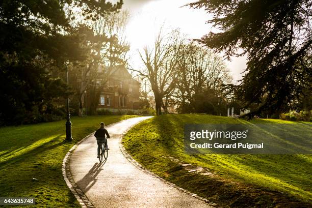 boy cycling in parc des buttes-chaument (paris) - ile de france stock pictures, royalty-free photos & images