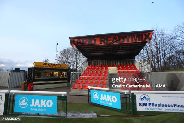 The temporary stand at The Borough Sports Ground, Gander Green stadium before The Emirates FA Cup Fifth Round match between Sutton United and Arsenal...
