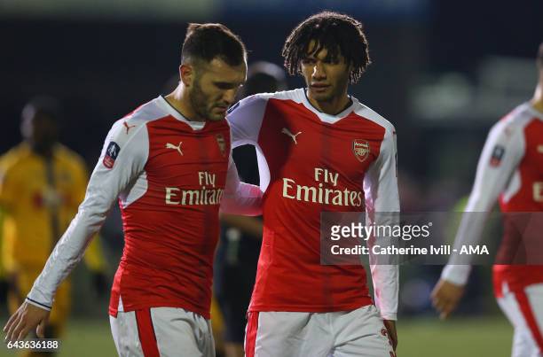 Lucas Perez and Mohamed Elneny of Arsenal during The Emirates FA Cup Fifth Round match between Sutton United and Arsenal on February 20, 2017 in...