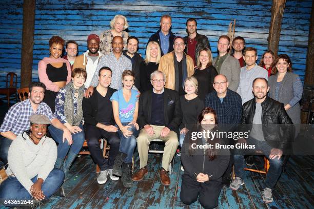 Tom Brokaw pose with the cast backstage at the hit musical "Come From Away" on Broadway at The Schoenfeld Theater on February 21, 2017 in New York...