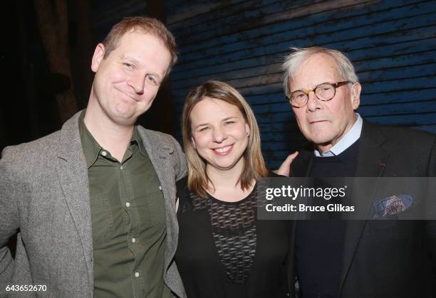 Book, Music and Lyrics writers David Hein, Irene Sankoff and Tom Brokaw pose backstage at the hit musical "Come From Away" on Broadway at The...