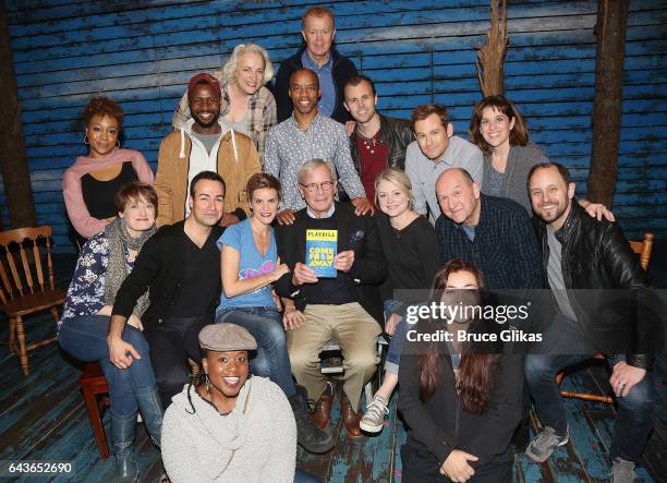 Tom Brokaw pose with the cast backstage at the hit musical "Come From Away" on Broadway at The Schoenfeld Theater on February 21, 2017 in New York...