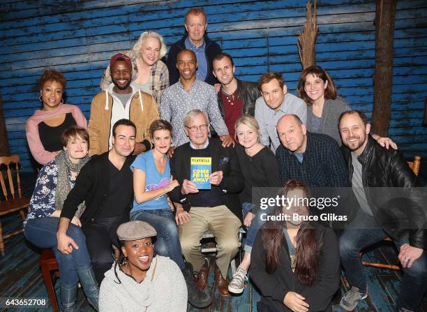 Tom Brokaw pose with the cast backstage at the hit musical "Come From Away" on Broadway at The Schoenfeld Theater on February 21, 2017 in New York...