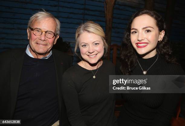 Tom Brokaw, Kendra Kassebaum and his grandaughter pose backstage at the hit musical "Come From Away" on Broadway at The Schoenfeld Theater on...