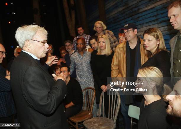 Tom Brokaw chats with the cast backstage at the hit musical "Come From Away" on Broadway at The Schoenfeld Theater on February 21, 2017 in New York...