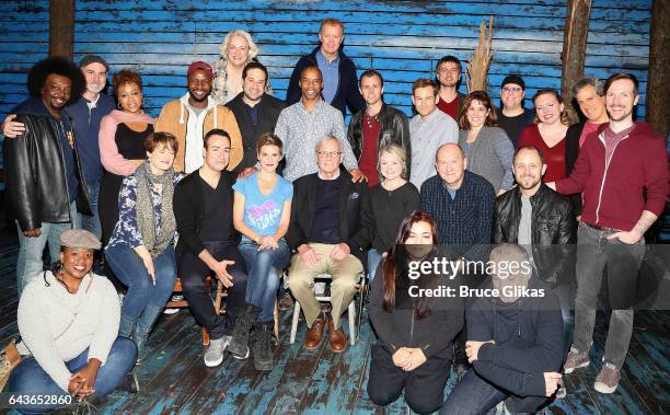 Tom Brokaw pose with the cast backstage at the hit musical "Come From Away" on Broadway at The Schoenfeld Theater on February 21, 2017 in New York...