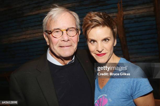 Tom Brokaw and Jenn Colella pose backstage at the hit musical "Come From Away" on Broadway at The Schoenfeld Theater on February 21, 2017 in New York...