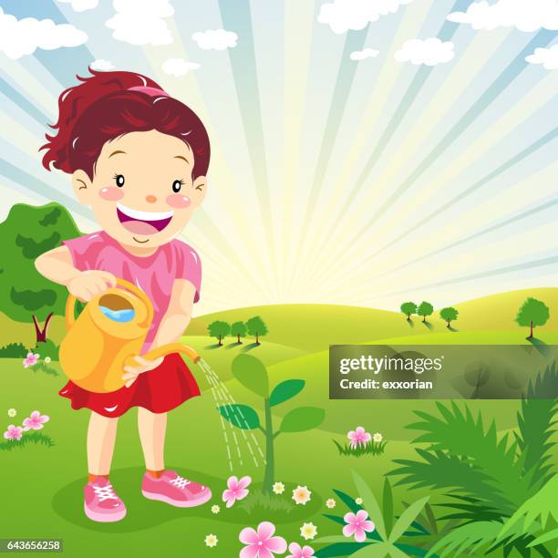 ilustraciones, imágenes clip art, dibujos animados e iconos de stock de niños plantando - sembrar