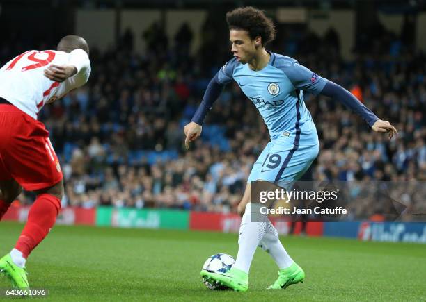 Leroy Sane of Manchester City in action during the UEFA Champions League Round of 16 first leg match between Manchester City FC and AS Monaco at...