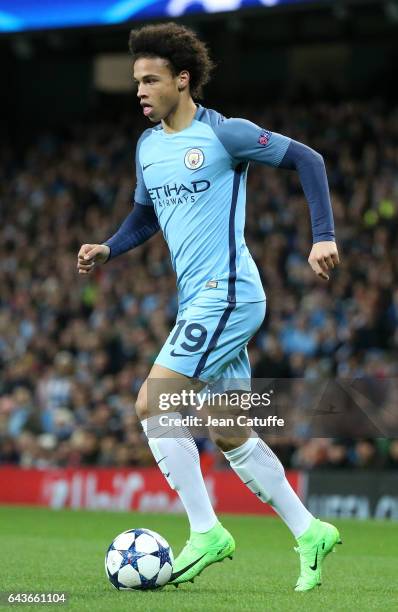 Leroy Sane of Manchester City in action during the UEFA Champions League Round of 16 first leg match between Manchester City FC and AS Monaco at...