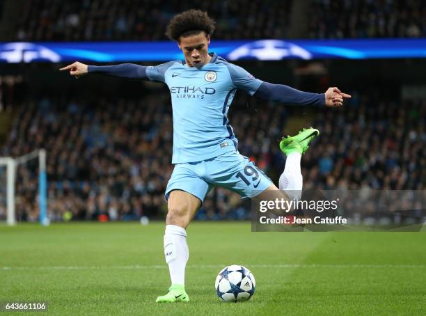 Leroy Sane of Manchester City in action during the UEFA Champions League Round of 16 first leg match between Manchester City FC and AS Monaco at...