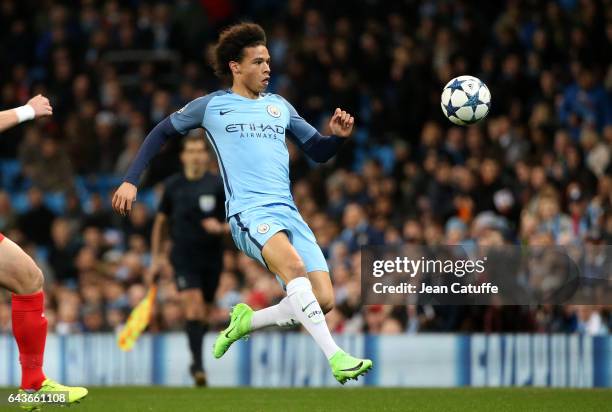 Leroy Sane of Manchester City in action during the UEFA Champions League Round of 16 first leg match between Manchester City FC and AS Monaco at...