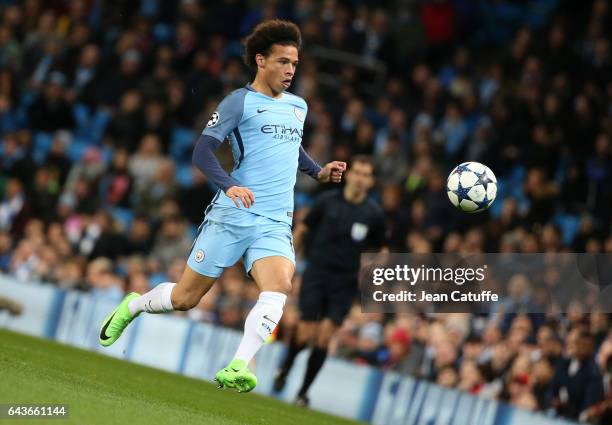 Leroy Sane of Manchester City in action during the UEFA Champions League Round of 16 first leg match between Manchester City FC and AS Monaco at...