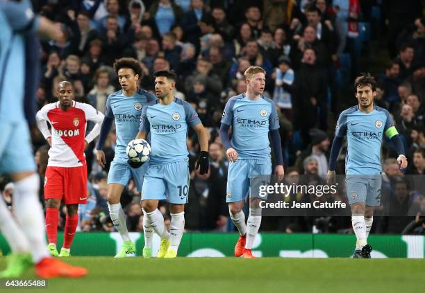 Sergio Aguero of Manchester City celebrates his goal with Leroy Sane, Kevin De Bruyne and David Silva of Manchester City during the UEFA Champions...