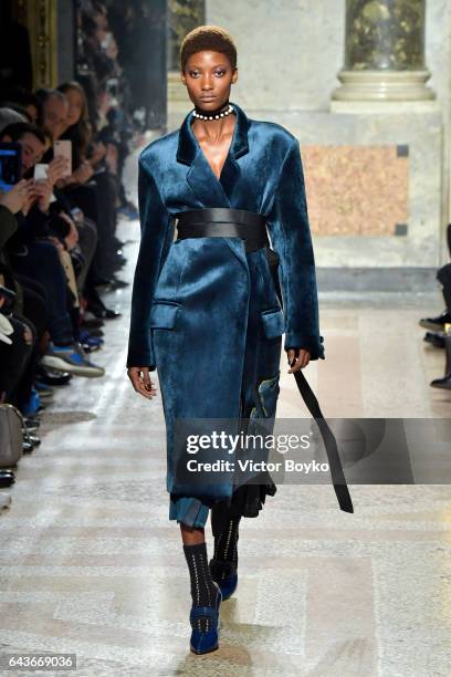 Model walks the runway at the Angelo Marani show during Milan Fashion Week Fall/Winter 2017/18 on February 22, 2017 in Milan, Italy.