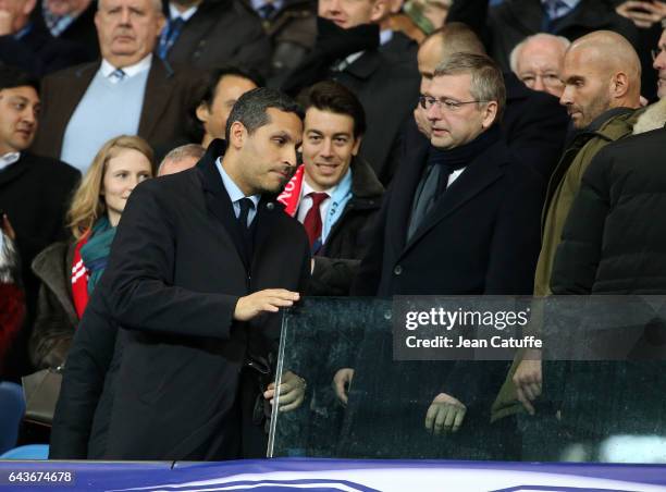 Chairman of Manchester City Khaldoon Al Mubarak and President of AS Monaco Dmitri Rybolovlev attend the UEFA Champions League Round of 16 first leg...