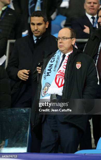 Chairman of Manchester City Khaldoon Al Mubarak, Prince Albert II of Monaco attend the UEFA Champions League Round of 16 first leg match between...