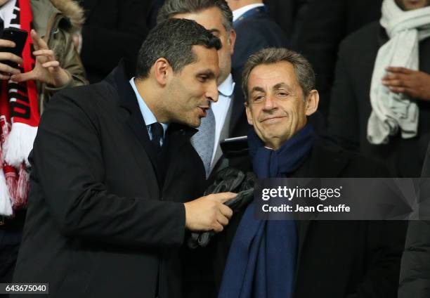 Chairman of Manchester City Khaldoon Al Mubarak and former French President Nicolas Sarkozy attend the UEFA Champions League Round of 16 first leg...