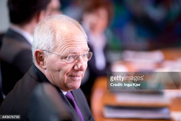 German Finance Minister Wolfgang Schaeuble arrives for the weekly cabinet meeting at the chancellery on February 22, 2017 in Berlin, Germany. ,...