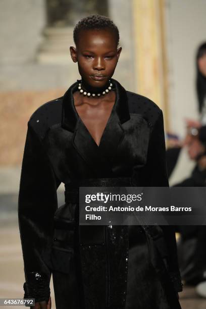 Model walks the runway at the Angelo Marani show during Milan Fashion Week Fall/Winter 2017/18 on February 22, 2017 in Milan, Italy.