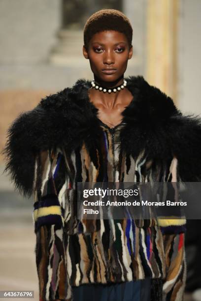 Model walks the runway at the Angelo Marani show during Milan Fashion Week Fall/Winter 2017/18 on February 22, 2017 in Milan, Italy.