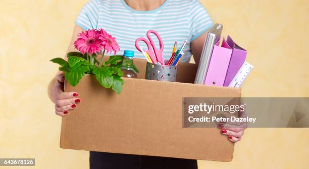 business woman made redundant - box front view stock pictures, royalty-free photos & images