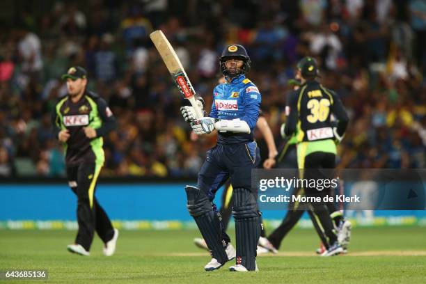 Kusal Mendis of Sri Lanka leaves the field after getting out to Jhye Richardson of Australia during the International Twenty20 match between...