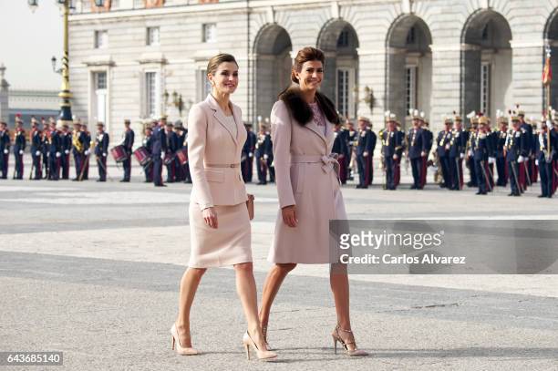 Queen Letizia of Spain receives Argentinian First Lady Juliana Awada at the Royal Palace on February 22, 2017 in Madrid, Spain.