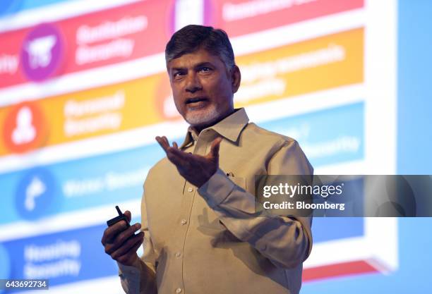 Chandrababu Naidu, chief minister of Andhra Pradesh, gestures as he speaks during the Microsoft Decoded conference in Mumbai, India, on Wednesday,...