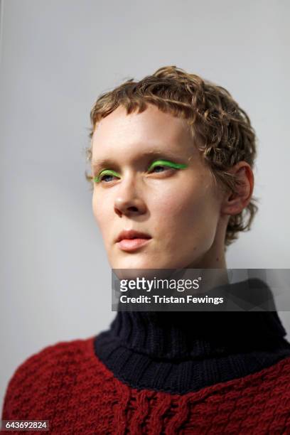 Model is seen backstage ahead of the Wunderkind show during Milan Fashion Week Fall/Winter 2017/18 on February 22, 2017 in Milan, Italy.