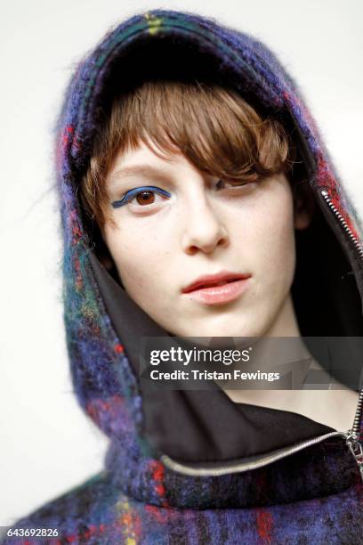 Model is seen backstage ahead of the Wunderkind show during Milan Fashion Week Fall/Winter 2017/18 on February 22, 2017 in Milan, Italy.