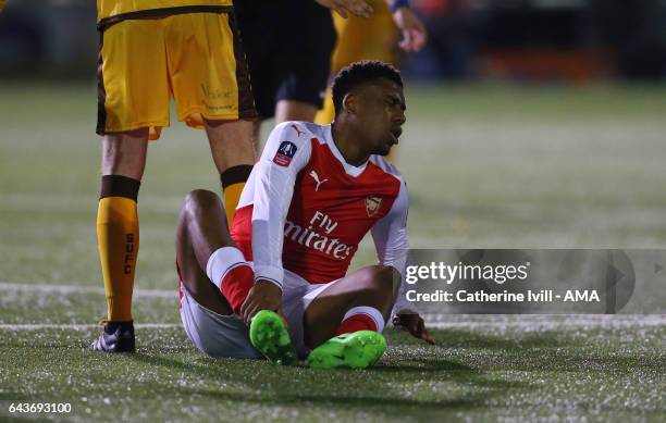 An injured Alex Iwobi of Arsenal holds his foot during The Emirates FA Cup Fifth Round match between Sutton United and Arsenal on February 20, 2017...