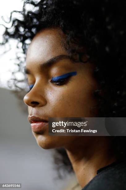 Model is seen backstage ahead of the Wunderkind show during Milan Fashion Week Fall/Winter 2017/18 on February 22, 2017 in Milan, Italy.