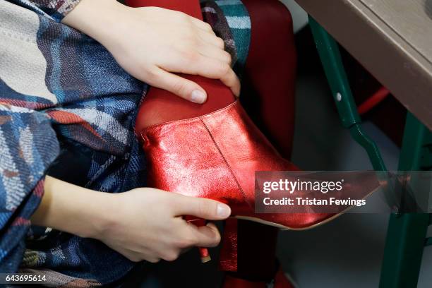 Shoes details seen backstage ahead of the Wunderkind show during Milan Fashion Week Fall/Winter 2017/18 on February 22, 2017 in Milan, Italy.