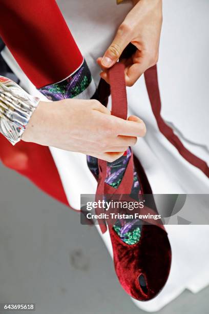 Shoes details seen backstage ahead of the Wunderkind show during Milan Fashion Week Fall/Winter 2017/18 on February 22, 2017 in Milan, Italy.