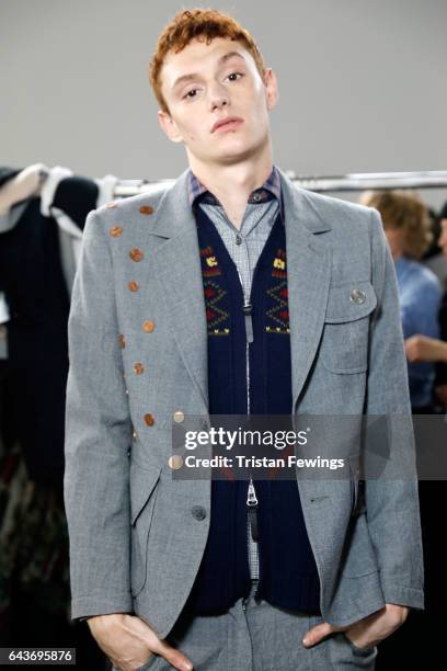 Model is seen backstage ahead of the Wunderkind show during Milan Fashion Week Fall/Winter 2017/18 on February 22, 2017 in Milan, Italy.