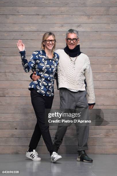 Hannelore Knuts and Fashion designer Wolfgang Joop acknowledges the applause of the audience at the Wunderkind show during Milan Fashion Week...