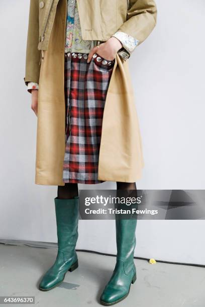 Model, detail, is seen backstage ahead of the Wunderkind show during Milan Fashion Week Fall/Winter 2017/18 on February 22, 2017 in Milan, Italy.