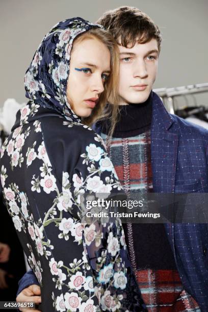 Models are seen backstage ahead of the Wunderkind show during Milan Fashion Week Fall/Winter 2017/18 on February 22, 2017 in Milan, Italy.