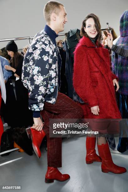 Models are seen backstage ahead of the Wunderkind show during Milan Fashion Week Fall/Winter 2017/18 on February 22, 2017 in Milan, Italy.