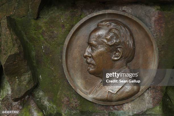 Relief shows 19th-century German writer Karl May at the Karl May Museum on February 22, 2017 in Radebeul, Germany. May's Wild West series, with its...