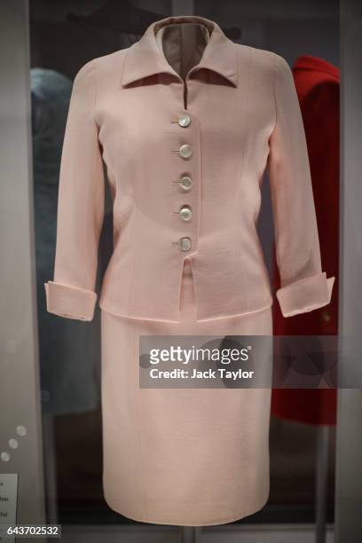 Catherine Walker pale pink day suit worn by Princess Diana at the Savoy Hotel in London in 1997 on display at a press preview at Kensington Palace on...
