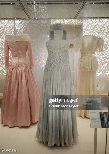 Catherine Walker blue silk chiffon evening gown worn by Princess Diana at the 1987 Cannes Film Festival on display at a press preview at Kensington...