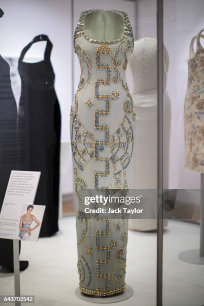 Atelier Versace silk gown worn by Princess Diana at a Harper's Bazaar photoshoot with Patrick Demarchelier on display at a press preview at...