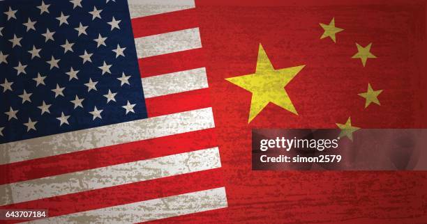 usa and china flag with grunge texture background - chinese american stock illustrations