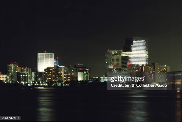 Skyline of Miami Florida at night, 1987. .
