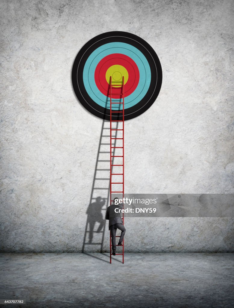 Businessman Climbing Ladder To Reach Target