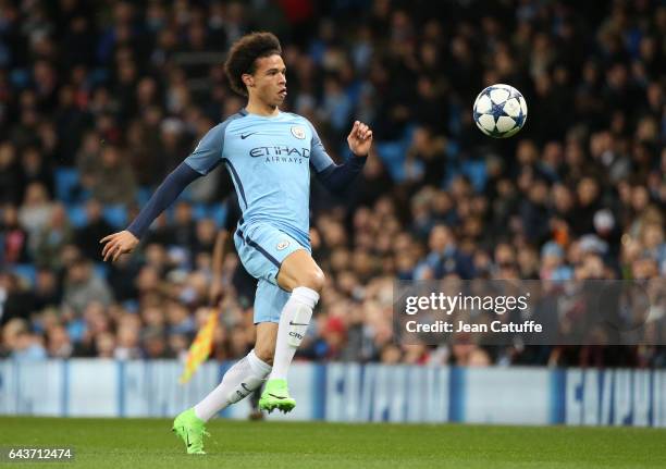 Leroy Sane of Manchester City in action during the UEFA Champions League Round of 16 first leg match between Manchester City FC and AS Monaco at...